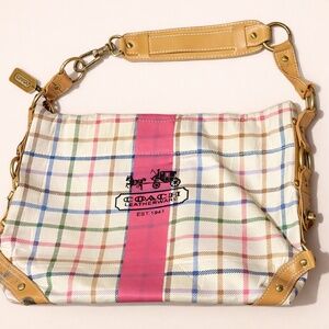 Coach Plaid Canvas Shoulder Bag Pink Stripe Leather Trim